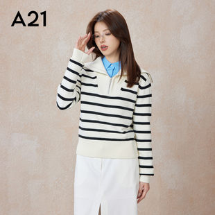 新品 线衫 休闲条纹海军领针织上衣 宽松翻领半开筒套头长袖 A21女装