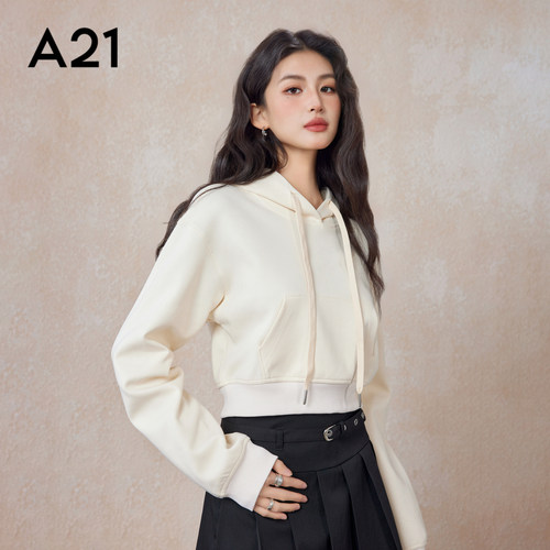 A21女装简约宽松短款连帽卫衣