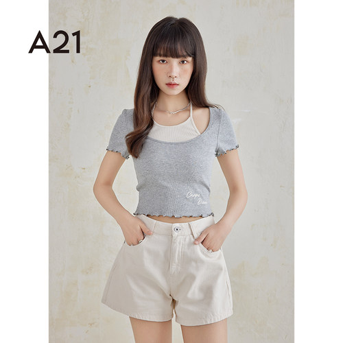 A21女装印花假两件短袖圆领短款