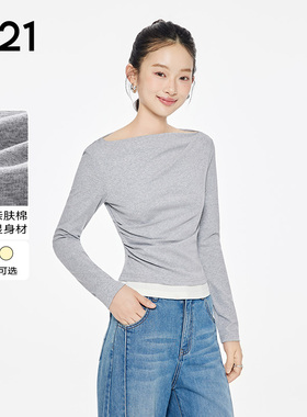 A21女装修身设计感假两件一字肩T恤上衣F453231003