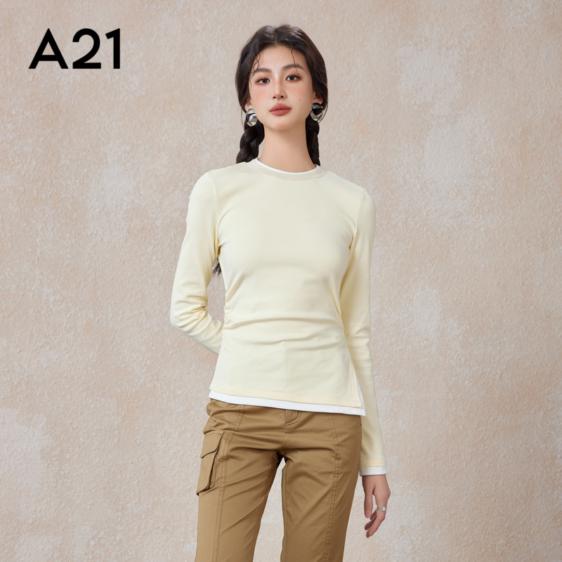 A21女装针织显瘦长袖T恤春秋季假两件设计感不对称打底上衣女