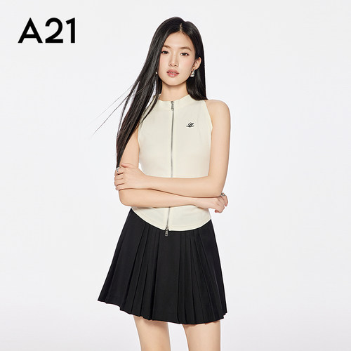 A21女装修身显瘦无袖圆领T恤2025夏季新款简约百搭设计感拉链上衣