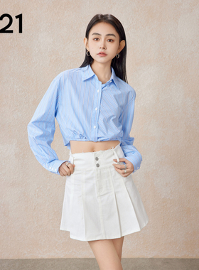 A21女装宽松翻领落肩长袖衬衫蓝色条纹短款上衣潮