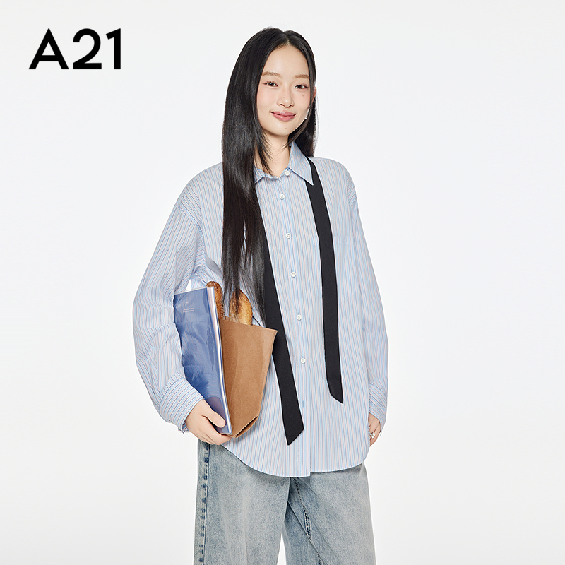 A21女装韩系慵懒风条纹衬衫秋季新款宽松休闲上衣