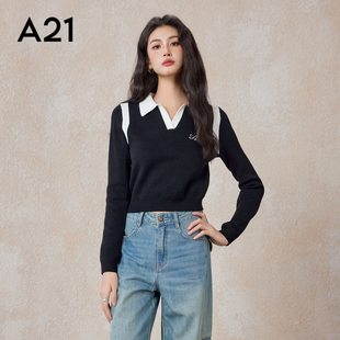 春秋季 线衫 休闲显瘦撞色百搭上衣 合体翻领半开筒套头长袖 A21女装