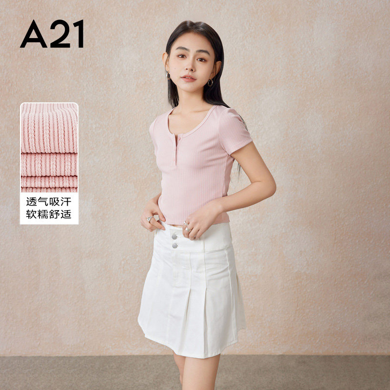 A21女装显瘦圆领短袖T恤图片