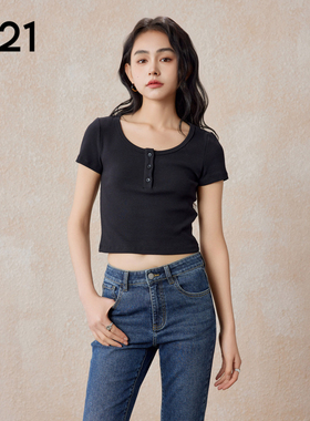 A21女装早春季修身圆领半开筒短袖T恤运动显瘦休闲潮牌短款上衣