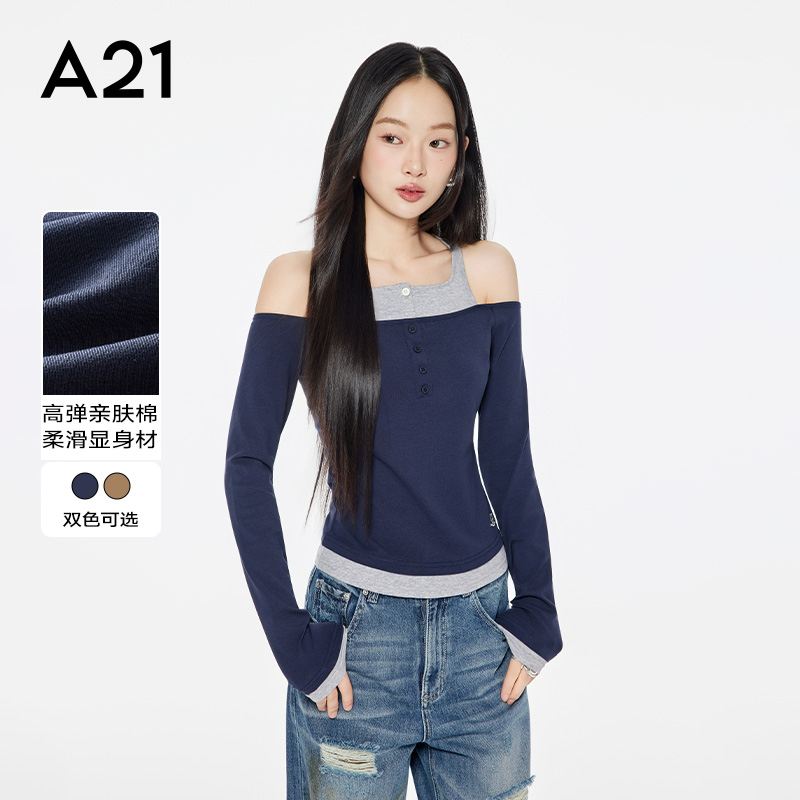 A21女装拼接露肩长袖T恤2025秋新款简约撞色假两件上衣F453231009