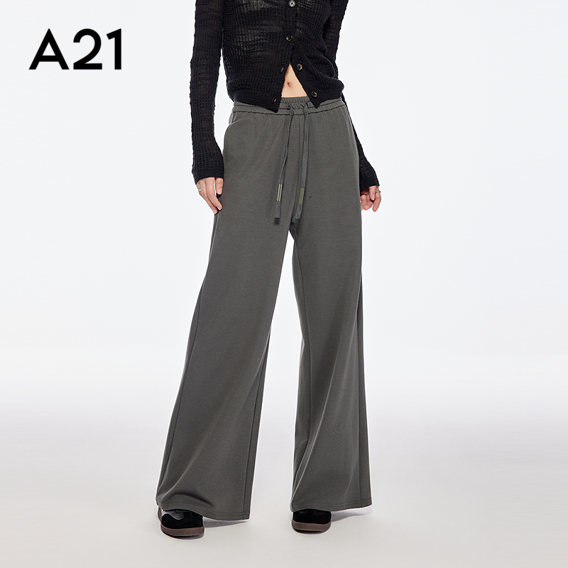 A21女装深灰细绳松紧腰休闲裤