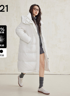 A21女装梭织宽松可拆帽平肩开襟中长羽绒服加厚保暖长款羽绒外套