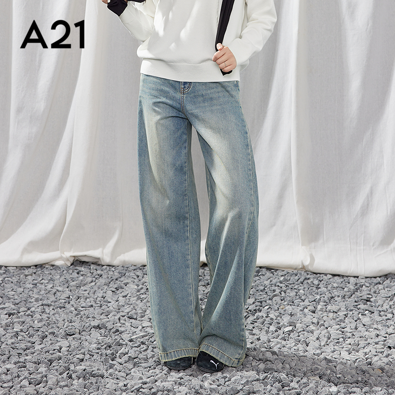 A21女装宽松中腰阔腿牛仔裤