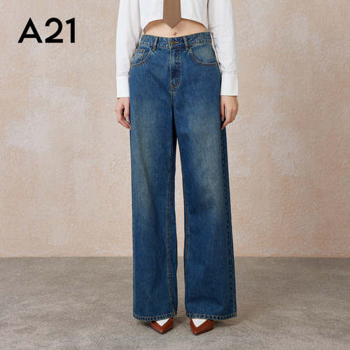 A21宽松中腰阔腿牛仔长裤