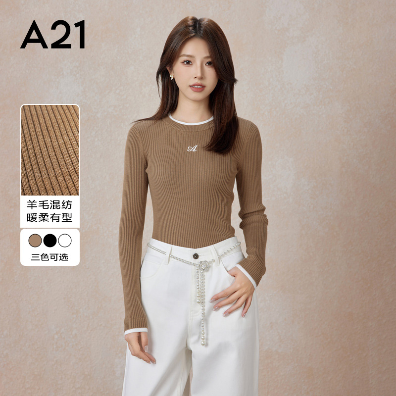 A21女装修身套头长袖毛衫