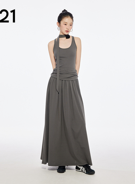 A21女装深灰色无袖露肩U型领连衣裙简约修身显瘦长裙法式设计感