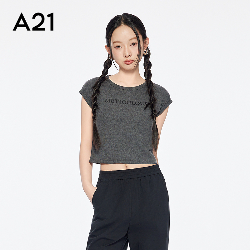A21女装字母印花短款微弹T恤简约圆领套头短袖上衣