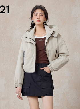 A21女装梭织宽松连帽小落肩开胸薄短棉服户外外套休闲小个子
