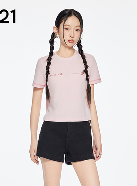 A21女装粉红色印花字母圆领T恤2025夏新款简约短款上衣F452231043