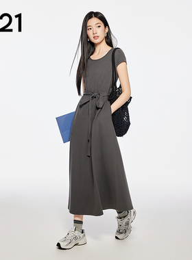 A21女装三色可选圆领包袖连衣裙2025夏新款简约细带宽松腰A字长裙