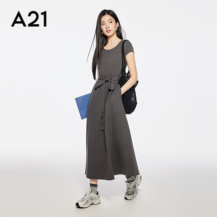 A21女装三色可选圆领包袖连衣裙2025夏新款简约细带宽松腰A字长裙