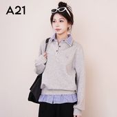 A21女装 拼接假两件宽松圆领落肩套头卫衣