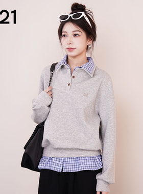 A21女装拼接假两件宽松圆领落肩套头卫衣