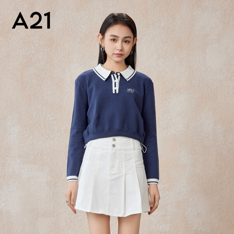 A21女装春季新款美式复古短款搂腰长袖POLO衫学院风拼色针织毛衣