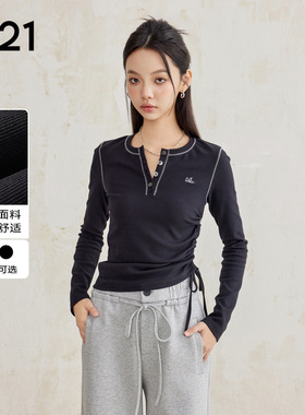 A21女装针织修身圆领半开筒长袖T恤修身显瘦百搭通勤