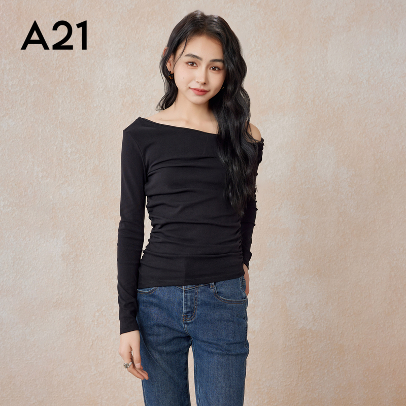A21女装针织显瘦一字领长袖T恤