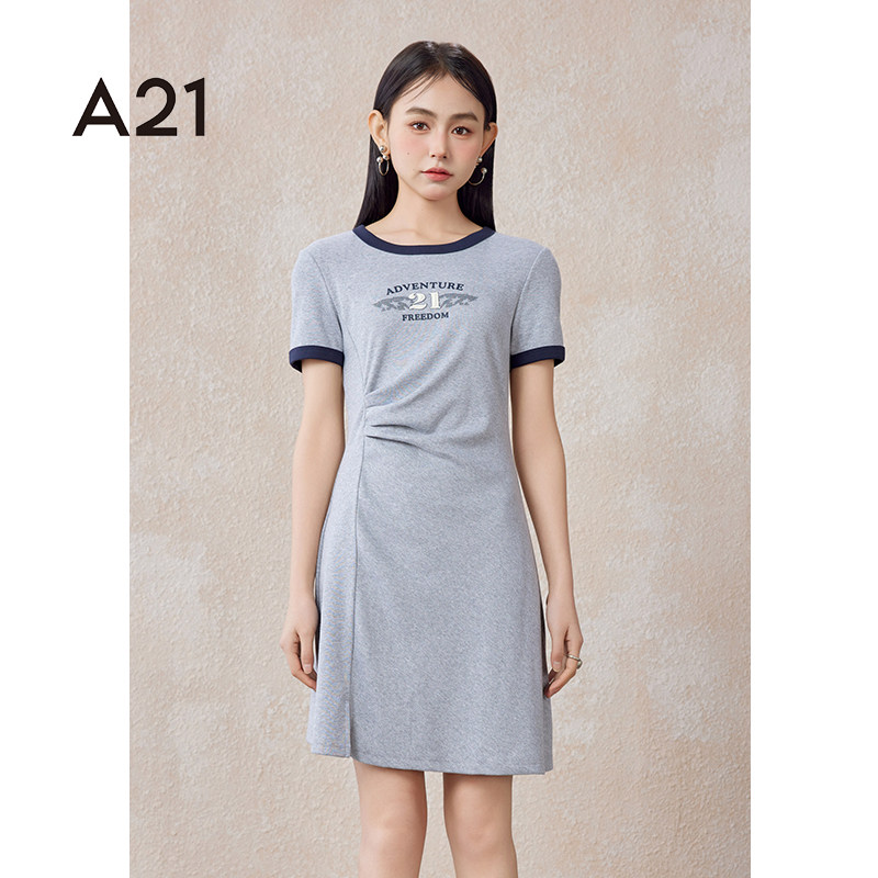 A21女装圆领短袖A摆针织连衣裙图片