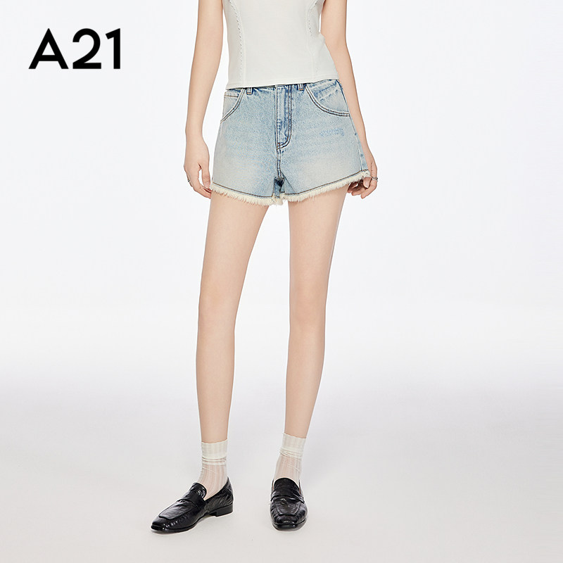 A21女装天蓝色毛边磨白2025新款牛仔短裤夏季简约百搭宽松直筒裤
