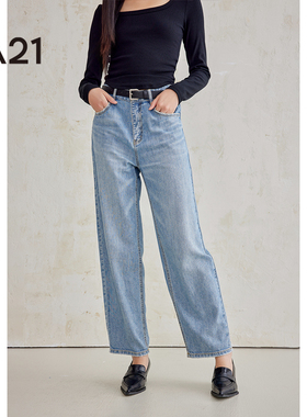 A21女装宽松高腰老爹牛仔长裤夏季新款水洗做旧复古休闲直筒裤