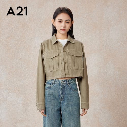 A21美式复古工装短外套女士春季新款纯棉宽松水洗做旧夹克上衣女