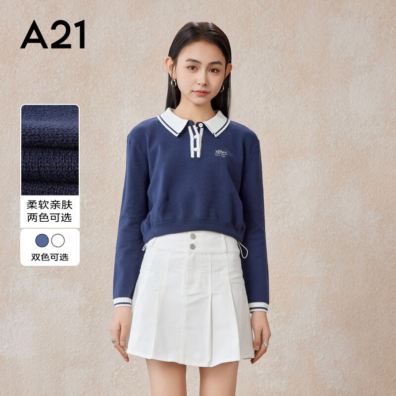 A21女装春季新款美式复古短款搂腰长袖POLO衫学院风拼色针织毛衣