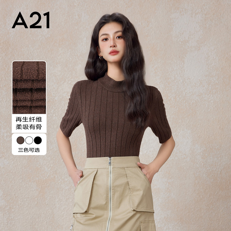 A21女装显瘦半高领套头短袖线衫