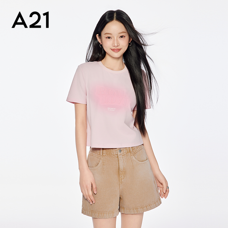 A21女装三色可选印花渐变色圆领T恤2025夏新款简约设计感字母上衣