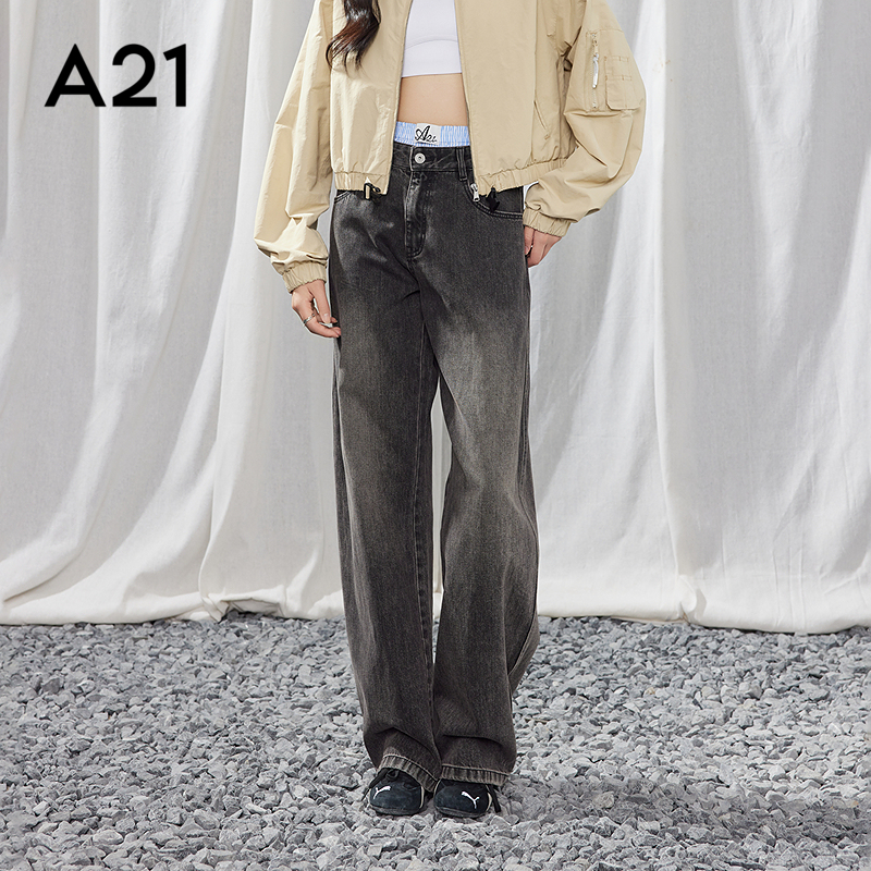 女装黑灰做旧拼接高腰牛仔裤