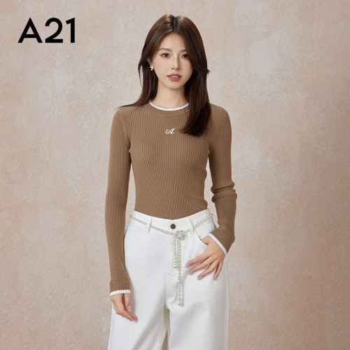 A21女装修身圆领套头长袖毛衫