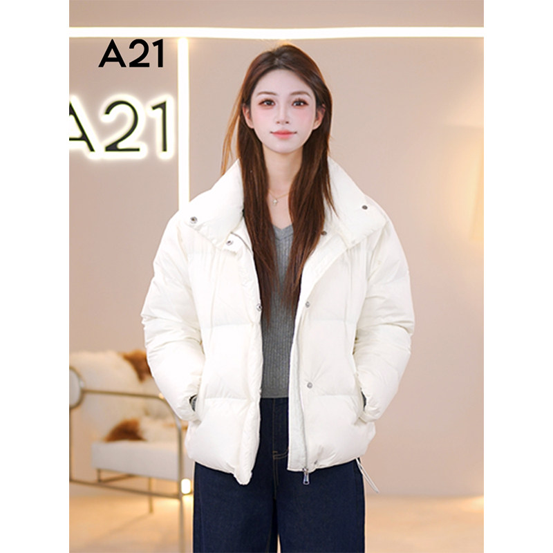 A21女装梭织宽松立领落肩开襟厚短羽绒服保暖短款面包服
