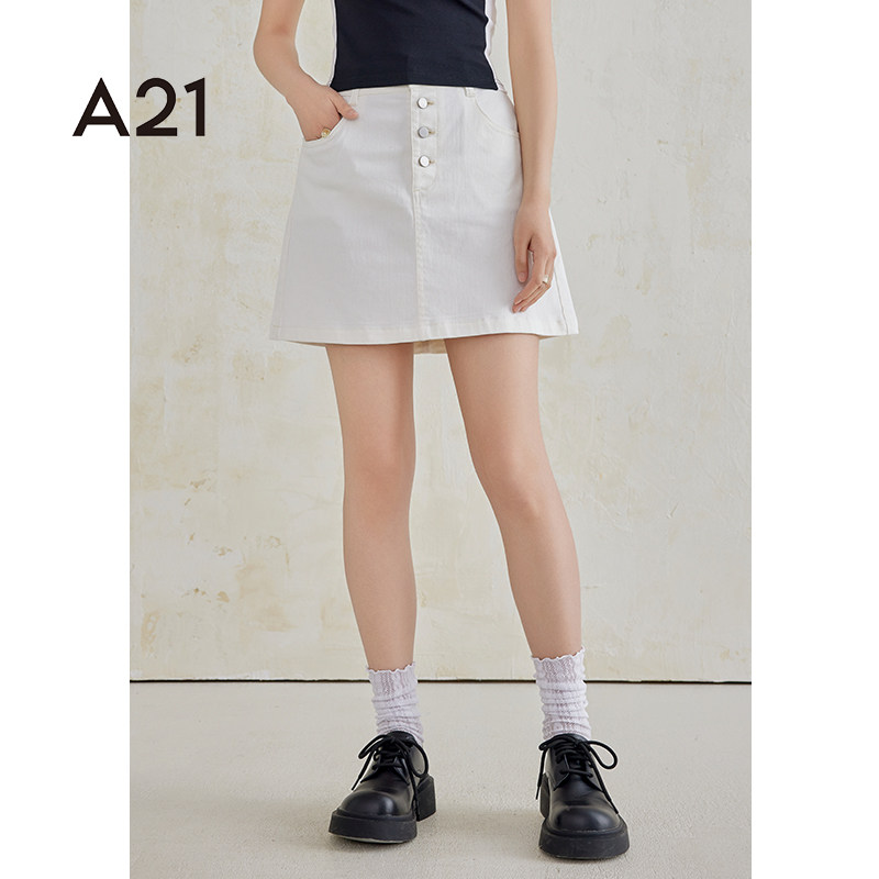 A21女装短裙女生夏季新款纯色简约牛仔直筒三分群显瘦时尚百搭