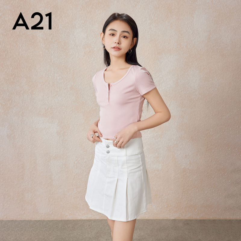 A21女装显瘦圆领短袖T恤早春季女士显瘦显瘦潮牌半开领运动上衣