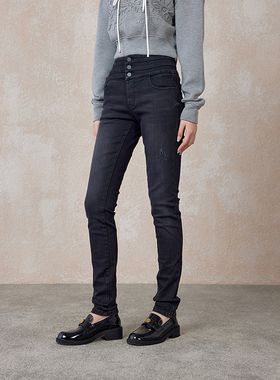 A21女装修身绒底高腰窄脚牛仔长裤春秋季深色紧身显瘦显高小脚裤