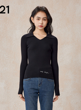 A21女装显瘦翻领套头长袖线衫V领黑色显瘦显瘦打底衫简约休闲上衣