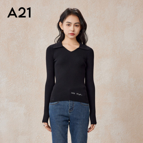 A21女装显瘦翻领套头长袖线衫V领黑色显瘦显瘦打底衫简约休闲上衣