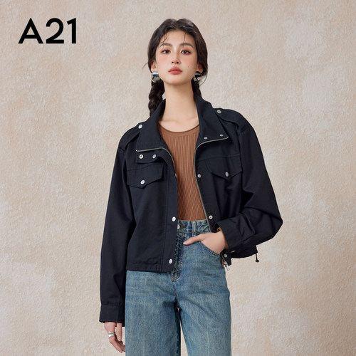 A21女装工装夹克秋季宽松落肩开胸复古机车夹克痞帅深色外套