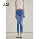 A21女装 子 水洗做旧高级锥形铅笔牛仔裤 显瘦高腰窄脚牛仔长裤 夏季