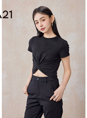 A21女装针织修身圆领短袖T恤
