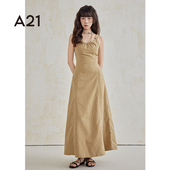 连衣裙子夏季 A21女装 卡其色圆领无袖 高级感性感纯色吊带长裙