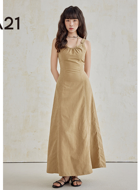 A21女装卡其色圆领无袖连衣裙子夏季高级感性感纯色吊带长裙