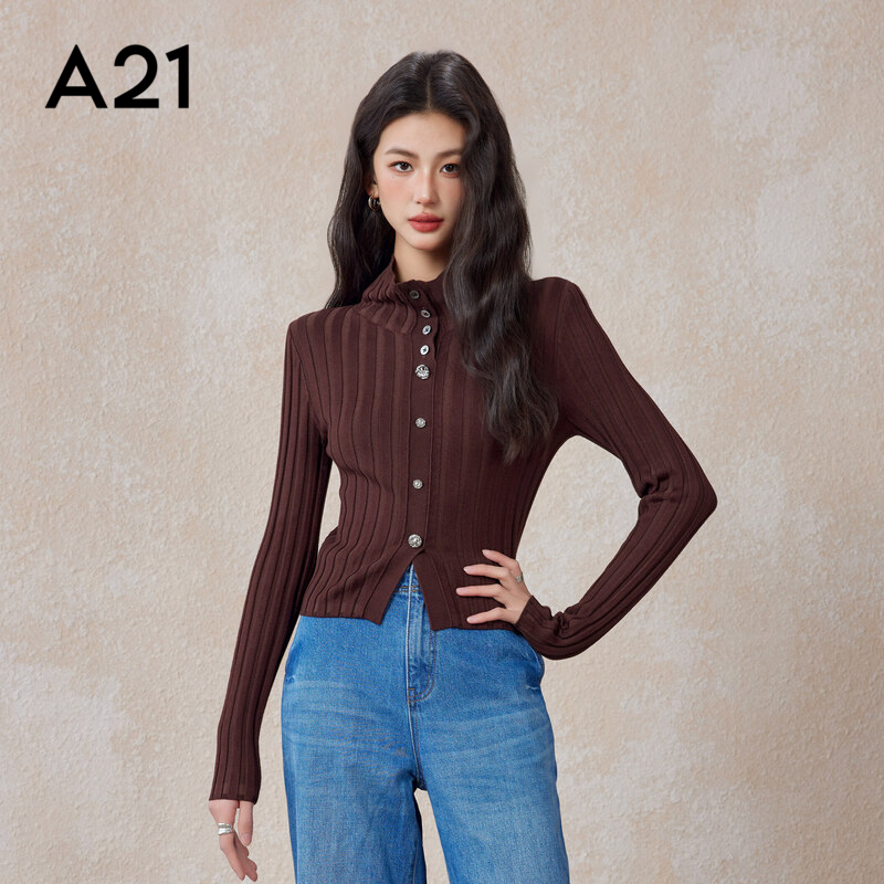 A21女装显瘦简约半开筒针织衫春秋季翻领落肩套头长袖简约打底衫