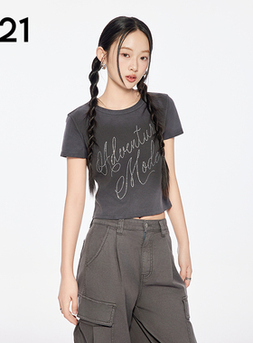 A21女装深灰色字母镶钻圆领短款T恤2025夏季新款简约修身显瘦上衣